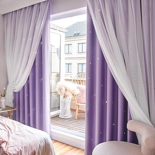 Stars Curtains Double Layer Curtains Blackout Curtains for Bedroom Kids Curtains Cute Curtains Kids Blackout Curtains, Curtains 108 Inches Long 2 Panels Set, Purple Curtains, 52 X 108 Inches