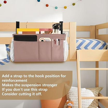 KOPIRIT Light Brown Bedside Caddy Storage Bag Bedside Organizer for Dorm Room Top Bunk Bed Hanging Storage Organizer 6 Pockets with Hooks for Magazine Water Bottle Holder