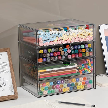 Stackable Storage Drawers, Plastic Storage Bins for Home Office, Bathroom, Kitchen, Pantry, Clear Desk Organizer for Accessories, Marker, Pencils, Books, Art Crafts, Makeup (6 Drawers)