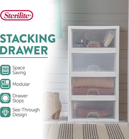Sterilite 18-Pack 16 Quart Stacking Drawer, Clear Storage Closet Organizer, White Frame - Stackable Modular Plastic Drawers for Clothes, Accessories, Craft Supplies, Shoes or Linens