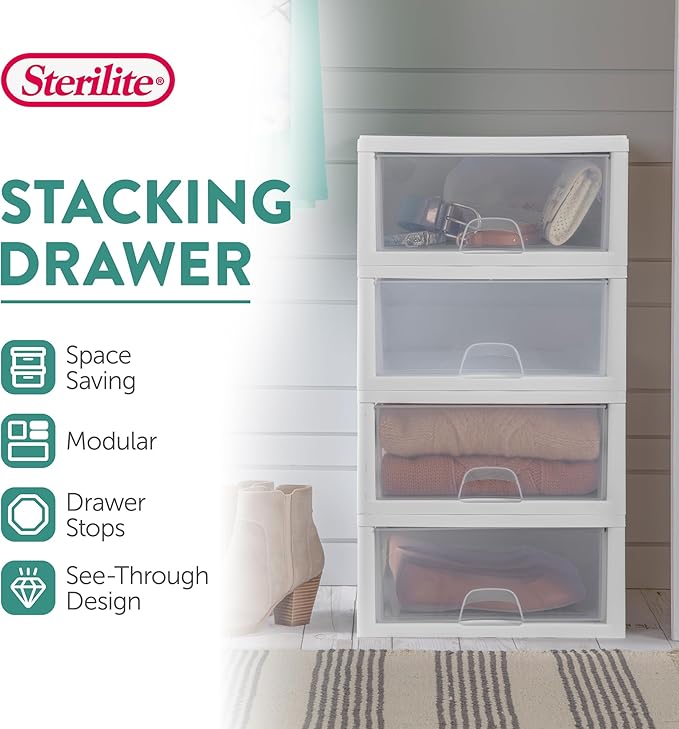 Sterilite 12-Pack 16 Quart Stacking Drawer, Clear Storage Closet Organizer, White Frame - Stackable Modular Plastic Drawers for Clothes, Accessories, Craft Supplies, Shoes or Linens