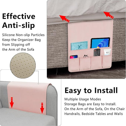 WETRBWEH Remote Control Holder for Armchair，Couch Caddy Organizer TV Remote Holder for Bed Storage 5 Pockets，Remote Caddy Bedside Organizer Bedside Table Organizer (Pink, 35''x18'')