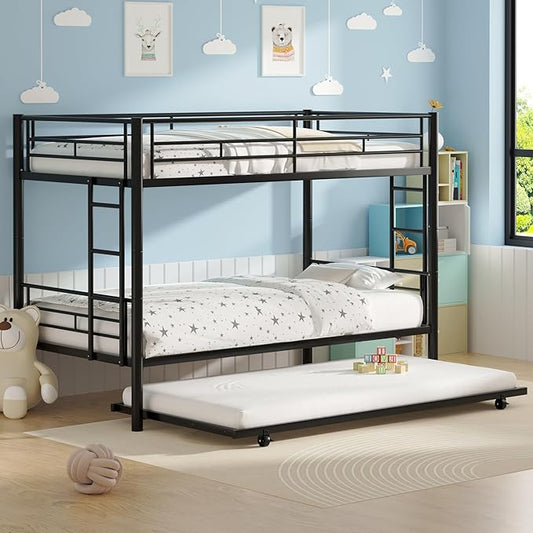VECELO Bunk Bed Twin Over Twin with Trundle, Metal Bunkbeds with Ladder and Full-Length Guardrail, No Box Spring Needed, Space Saving, Noise Free, Black