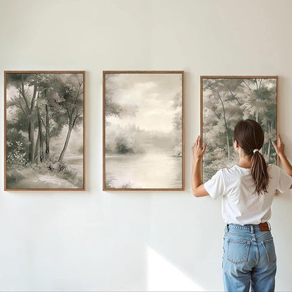 Yeehomedec Vintage Nature Landscape Framed Canvas Wall Art Set, Rustic Misty Forest Sketch Wall Decor, Neutral Wooden Trees Art Print, Retro Foggy Scenery Artwork for Living Room Bedroom Office 16"x24"x3
