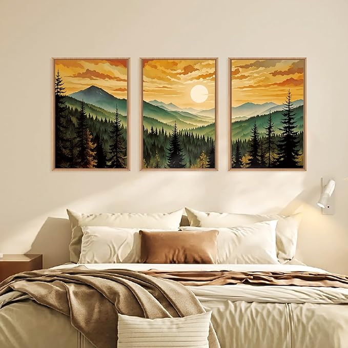 LHIUEM Large Boho Sunset Mountain Framed Canvas Wall Art,Retro Pine Tree Wall Decor,Nature Foggy Forest Wall Painting,Bohemian Landscape Artwork for Living Room,Bedroom,Dining Room,Office -24"x36"x3