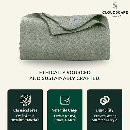 Cloud Scape Linen 100% Cotton Blanket 92x92 Olive Green - Cozy Herringbone Weave, Fits Up to for Full Size Beds, Breathable Softness, All-Season Warmth, Winter Blanket, for Women