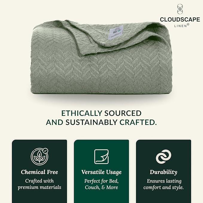 Cloud Scape Linen 100% Cotton Throw Blanket 50x70 Olive Green, Luxury All-Season Warmth, Ultra Soft, Oversized Herringbone Gauze Blanket for Winter, Bed, Couch & Sofa Decor, Best Gift Idea