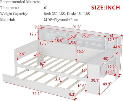 Merax Twin Size Corner Daybed Bed Frames with Desk and Trundle & Storage Shelves Headboard, Pinewood U-Shaped Captain Daybed Bed Frames for Small Room, Bedroom, Guest Room, Kids' Room, White