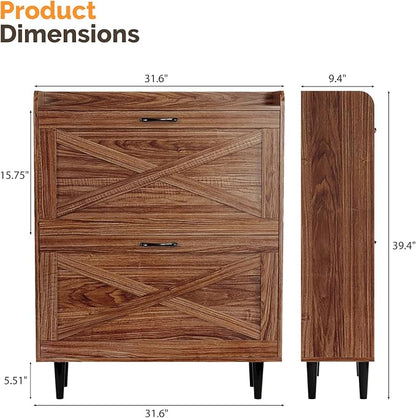 VINGLI Shoe Storage Cabinet for Entryway with 2 Flip Drawers, Ultra Slim Freestanding Entryway Shoe Organizer with Wood Tapered Legs,Hidden Closed Shoe Rack,31.6" W * 9.4" D * 39.4" H, Walnut