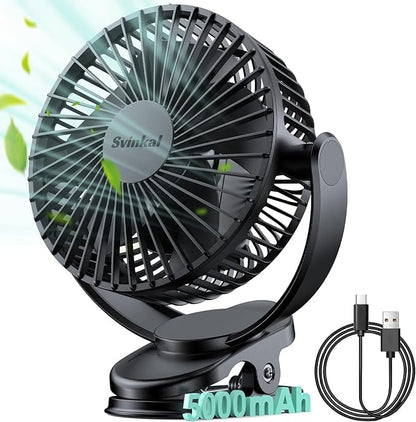 Svinkal USB Personal Clip on Fan 5000mAh Battery Operated 6in, Type C, 3 Speed, 720° adjustment, Small Portable Fan for Table, Bedroom, Desk, dormitory, Camping, Stroller, Golf Cart