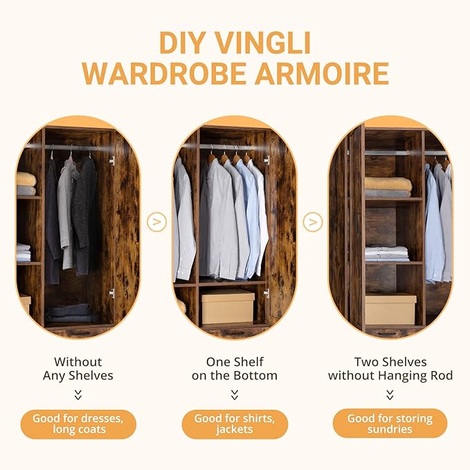 VINGLI 38" W Armoire, Wardrobe Closet with Hanging Rod, Bedroom 71" Freestanding Wardrobe Cabinet with Doors, Adjustable Shelves and Drawer, Open Compartment, Rustic Brown