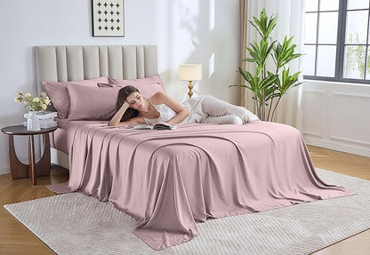 Pure Bamboo Queen Sheets, Genuine 100% Organic Viscose Derived from Bamboo Bed Sheet Set, Luxuriously Soft & Cooling, Double Stitching, 2 Year Quality Promise (Queen, Dusty Pink)