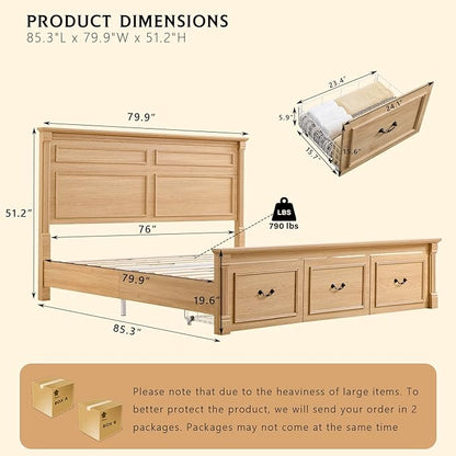 Farmhouse King Size Bed Frame with 51" Tall Headboard, Wood Platform Bed Frame with 20" Tall Roman Column Decoration Footboard & 3 Large Storage Drawers, No Box Spring Needed (Natrual)