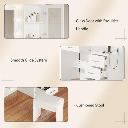 White Vanity Desk with Mirror, Lights & Charging Station, 58" 3 Lighting Modes Makeup Desk with 8 Drawers, 2 Cabinets and Lots Storage, Dressing Table Vanity Set with Lighted Mirror