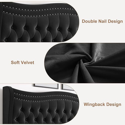 Upholstered Queen Size Bed Frame with Tall Headboard, Velvet Wingback Platform Bed Frame with Deep Button Tufted, No Box Spring Needed, Noise Free, Black