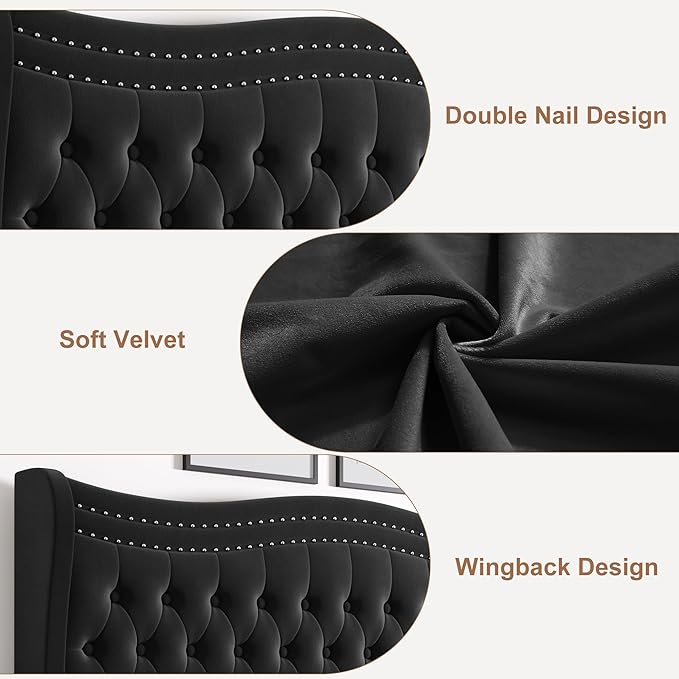 Upholstered King Size Bed Frame with Tall Headboard, Velvet Wingback Platform Bed Frame with Deep Button Tufted, No Box Spring Needed, Noise Free, Black