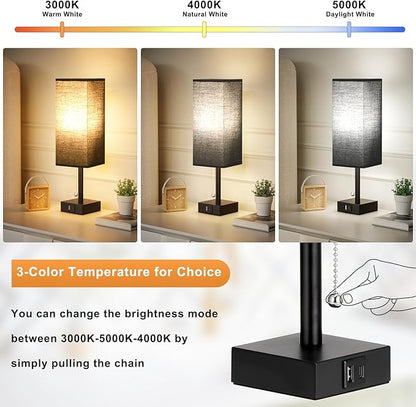 Bedside Table Lamps Set of 2 - Black Bedroom Lamps with 3 Color Temperatures (3000K/5000K/4000K), Two Square Nightstand Lamps with USB C + A Charging Ports, Pull Chain Small Night Light for End Table