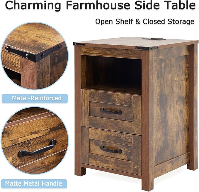 Puntogen Brown Night Stand Set of 2, Rustic End Table with Charging Station, Farmhouse Tall Nightstand for Bedroom, Drawer Dresser Bedside Table with Open Storage Shelf