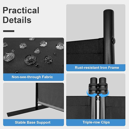 MAYOLIAH 3-Panel Black Room Divider 6ft Tall Folding Privacy Screen w/Flat Base Portable Office Partition Indoor Wall Separator 101" W X 72" H