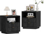 Fluted Nightstands Set of 2 - Black Nightstand with 2 Drawers & Open Shelves, 22" Wide Large Bedside Stand Modern Storage Wooden Side Tables for Bedroom (Elegant Black)