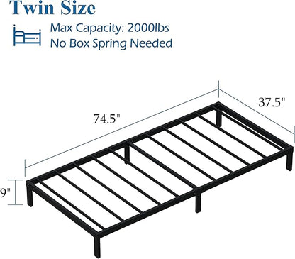 9 Inch Twin Bed Frames Heavy Duty Low Profile Metal Platform No Box Spring Needed Mattress Foundation, Easy to Assembly, Noise Free, Black
