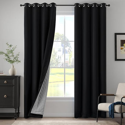 Black Heavy Soundproof Curtains for Window 3-in-1 Full Blackout Drapes Noise Canceling Heat Insulating Winter Curtains for Bedroom Living Room (1 Panel, Black, 50" x 84")