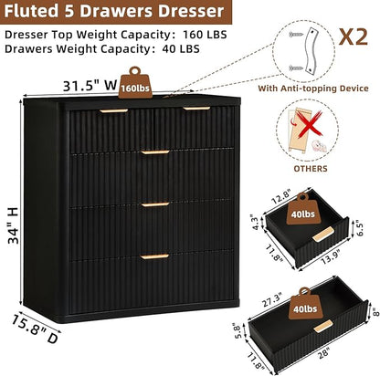 LEYAOYAO Fluted 5 Drawers Dresser for Bedroom Set of 2, 34" Tall Modern Chest of Drawers with Metal Handle, Curved Profile Design,Black Wood Drawer Organizer for Bedroom, Living Room, Hallway