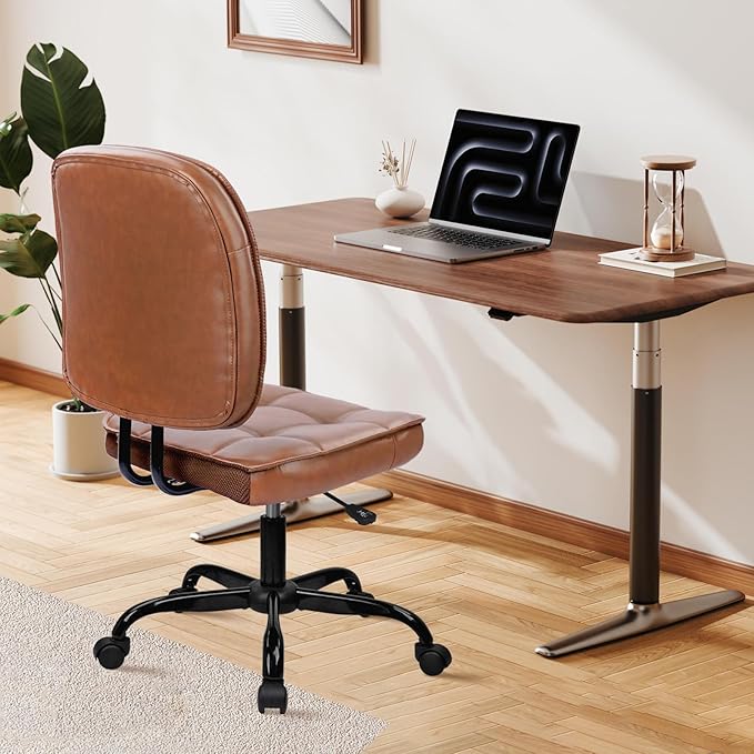 CLATINA Armless Home Office Chair with Lumbar Support and Wheels, Small PU Leather Ergonomic Low Back Desk Chairs No Arms, Adjustable Height 360° Swivel Rolling Computer Task Chair, Brown, 6 Pack