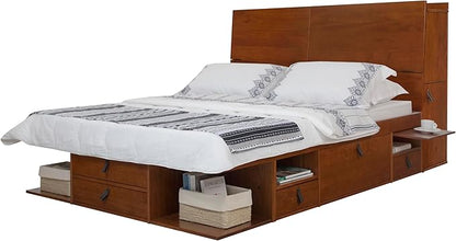 memomad Bali Set: Storage Platform Bed with Drawers + Bookcase Headboard (Queen Size, Caramel Brown Wood)