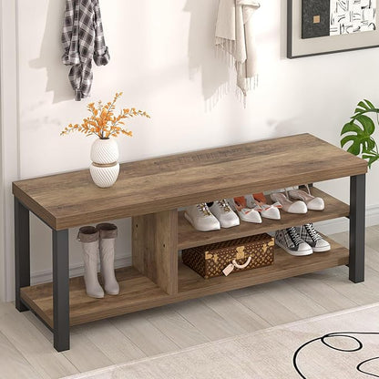 FOLUBAN Shoe Storage Bench, Industrial Entryway Bench, Modern Indoor Wood and Metal Shoe Rack Bench Seat for Bedroom, Hallway, Living Room, Rustic Oak, 47 Inch