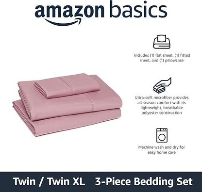 Amazon Basics Lightweight Microfiber 3-Piece Bed Sheet Set, Rose, Solid, Twin XL