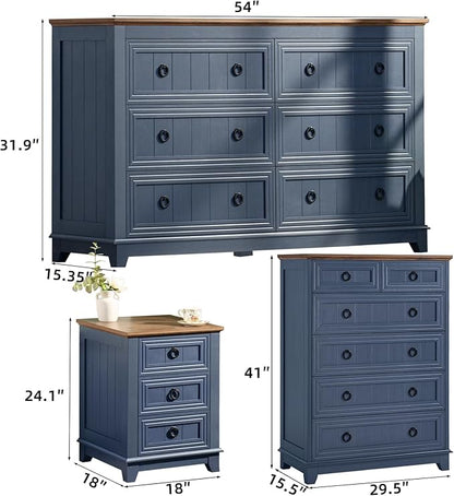 Bedroom Dresser and Nightstand Sets 4 Piece, Farmhouse 6 Drawers Dresser & 40.5" Tall Chest of Drawers, 18" Nightstands Set of 2, 54" Wide Furniture Dressers for Bedroom, Living Room, Blue