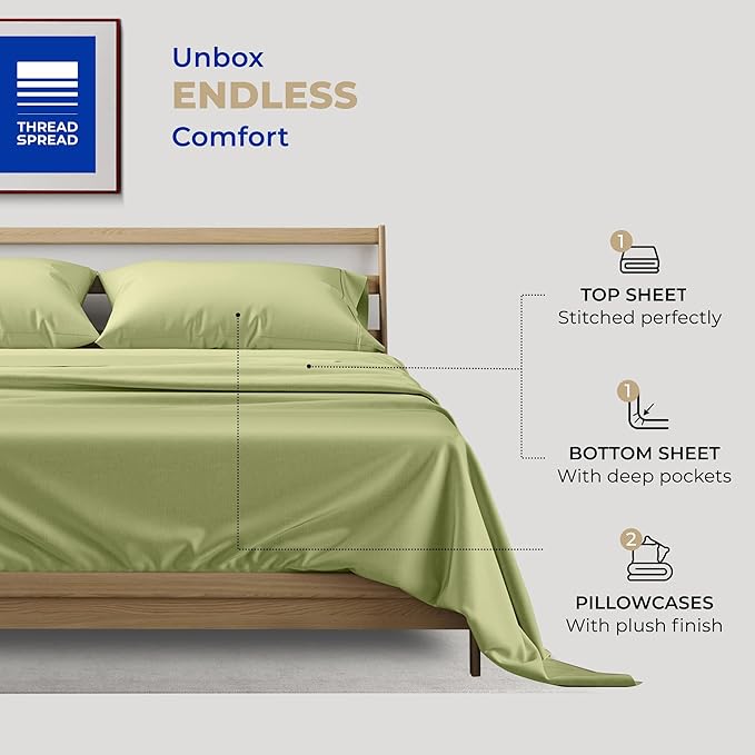 THREAD SPREAD 100% Cotton Queen Sheets Set - 400 Thread Count Queen Size Sheets (4 PC, Herb Green), 16" Deep Pocket All Around Elastic, Soft, Cooling, Durable & Breathable Sateen Weave Bed Sheet Set