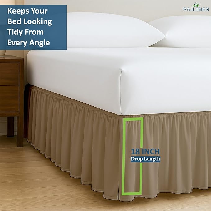 Rajlinen Ruffled Bed Skirt Twin, 18 Inch Drop Dust Ruffle with Split Corners, 100% Microfiber Bedskirt with Platform, Three-Sided Coverage Ruffled Gathering Design, Taupe