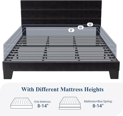 Allewie King Size Platform Bed Frame with Velvet Upholstered Headboard and Wooden Slats Support, Fully Upholstered Mattress Foundation/No Box Spring Needed/Easy Assembly, Black