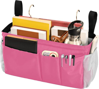 KOPIRIT Neon Rose Red Bedside Caddy Storage Bag Bedside Organizer for Dorm Room Top Bunk Bed Hanging Bag Bedside Shelf 6 Pockets with Hooks for Magazine Water Bottle Holder