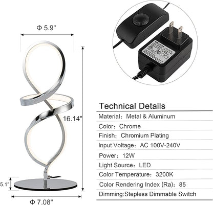 Mayful Modern Table Lamp with LED Spiral Design, Bedside Lamp with Stepless Dimming Switch, Contemporary Nightstand & Chrome Table Lamp for Bedroom, Living Room, Home Office, 12W 3200K Warm White