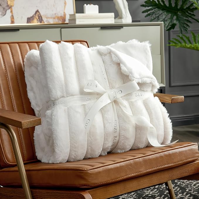Cozy Bliss Faux Fur Throw Blanket for Couch, Cozy Warm Plush Striped Blanket for Sofa Bedroom Living Room, 60 * 80 Inches Cream White