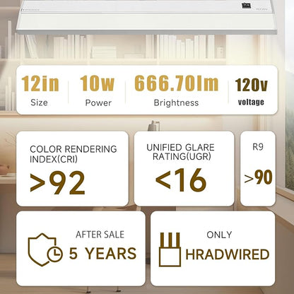 Ansen Hardwired Under Cabinet Lighting, 12in 10W LED Light for Kitchen/Closet, 666.7lm, CRI>92, R9>90, Dimmable, 3 Color Temperature, 3000K/4000K/5000K(Warm White, Cool White, Daylight)