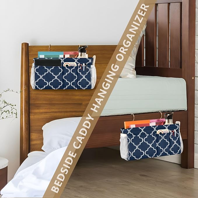 Bedside Caddy Hanging Bunk Bed Caddy Bed Organizer Hanging Pocket with 2 Hooks Bedside Storage Organizer Pocket Bag Holder Navy Blue Geometric Quatrefoil