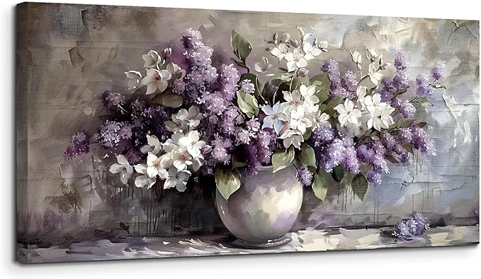 SERIMINO Large Wall Art for Living Room, Still Life Flowers Canvas Prints, Purple Floral Botanical Decor Paintings, Modern Aesthetic Pictures Wall Decor, Farmhouse Kitchen Artwork 29"X57"