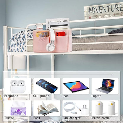 Retyion Bedside Caddy Bedside Storage Organizer Hanging Bunk Bed Dorm Room with Side Pockets for Water Bottles, Books, Cell Phones, Headphones 2 Pack (Pink)