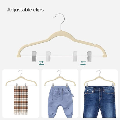 SONGMICS 20-Pack Pants Hangers, 16.7-Inch Long Velvet Hangers with Adjustable Clips, Heavy-Duty, Non-Slip Skirt Hangers, Space-Saving for Pants, Skirts, Coats, Dresses, Sandy Beige UCRF012K20