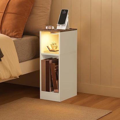 Narrow Nightstand, Slim End Table with Charging Station and LED Sensor Light, Modern Side Table, Bedside Table, for Small Spaces, Living Room, Bedroom, Rustic Brown and White ETBR30E01