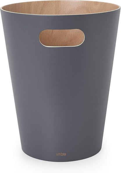 Umbra Woodrow 2-Gallon Modern Wooden Trash Can Wastebasket, Attractive Bin for Garbage or Recycling, Suitable for Home or Office, Dark Grey/Natural