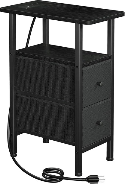 LOAKEKEL Narrow End Table Living Room with Charging Station, Skinny Side Table with Fabric Drawers, Slim Nightstand for Bedroom, Small Spaces, Couch, Black, HETNDP02BK-1