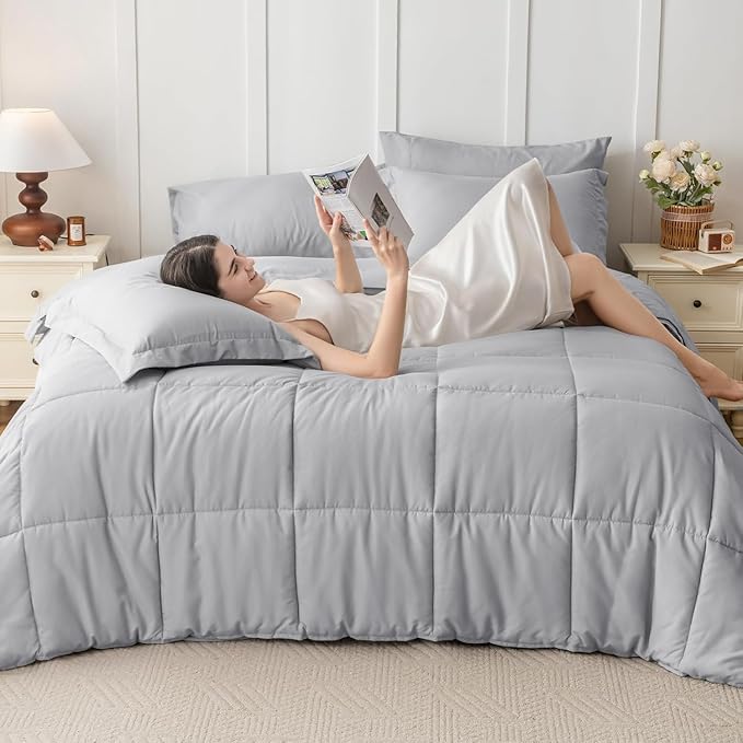 JOLLYVOGUE Twin Comforter Set, Ultra-Soft Bed in a Bag Twin Size 5 Pieces, Oeko-TEX Certified Bedding Set with Down Alternative Comforter, Sheets, Pillowcases & Shams, Light Grey