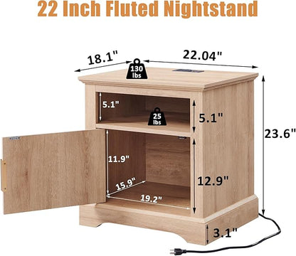 22" Large Fluted Nightstand with Charging Station, Modern End Table, Wood Side Table w/Open Shelf & Spacious Tabletop, Bedside Table with Storage Space for Bedroom, Living Room-Natural