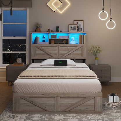 AOGLLATI Twin Bed Frame with 4 Storage Drawers and Charging Station, Farmhouse Wooden Led Twin Bed with Storage Hidden Space Headboard and Metal Slats, Gray