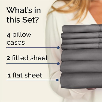 Split King 7 Piece Sheet Set - Cooling & Breathable - Hotel Luxury Bedding, Includes Fitted Sheets for Women, Men, Kids & Teens - 1 Flat, 2 Fitted Sheets, 4 Pillowcases with Deep Pockets - Dark Grey